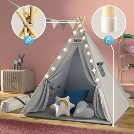 Spielwerk Tenda Da Gioco Per Bambini Teepee 120x120x160cm Incl. Catena Luci A LED Materassino Morbido Da 2,5cm 3 Cuscini In Varie Forme Cotone & Legno Con Custodia Per Trasporto Blu 5 Spielwerk Tenda Da Gioco Per Bambini Teepee 120x120x160cm Incl. Catena Luci A LED Materassino Morbido Da 2,5cm 3 Cuscini In Varie Forme Cotone & Legno Con Custodia Per Trasporto Blu - immagine 3