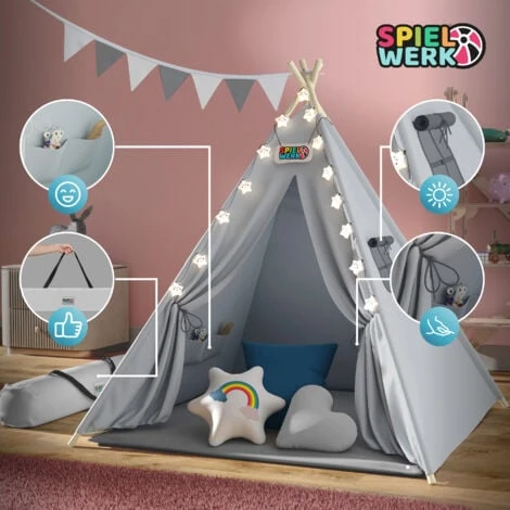 Spielwerk Tenda Da Gioco Per Bambini Teepee 120x120x160cm Incl. Catena Luci A LED Materassino Morbido Da 2,5cm 3 Cuscini In Varie Forme Cotone & Legno Con Custodia Per Trasporto Blu 6 Spielwerk Tenda Da Gioco Per Bambini Teepee 120x120x160cm Incl. Catena Luci A LED Materassino Morbido Da 2,5cm 3 Cuscini In Varie Forme Cotone & Legno Con Custodia Per Trasporto Blu - immagine 4