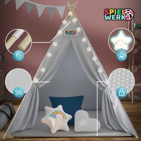 Spielwerk Tenda Da Gioco Per Bambini Teepee 120x120x160cm Incl. Catena Luci A LED Materassino Morbido Da 2,5cm 3 Cuscini In Varie Forme Cotone & Legno Con Custodia Per Trasporto Blu 7 Spielwerk Tenda Da Gioco Per Bambini Teepee 120x120x160cm Incl. Catena Luci A LED Materassino Morbido Da 2,5cm 3 Cuscini In Varie Forme Cotone & Legno Con Custodia Per Trasporto Blu - immagine 5