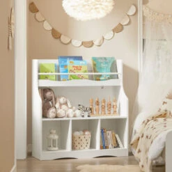 Libreria Per Bambini Scaffale Portaoggetti Con 1 Ripiano E 4 Scomparti Aperti Mobile Per Giocattoli Bianco 90x30x95cm KMB57-W SoBuy -Cameretta Per Bambini 79368452 5