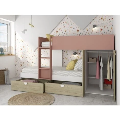 Letto A Castello Wilson Per Due Bambini Rosa Antico Rovere E Bianco Opaco Con Armadio Rosa, Rovere E Bianco 4 Letto A Castello Wilson Per Due Bambini Rosa Antico Rovere E Bianco Opaco Con Armadio Rosa, Rovere E Bianco - immagine 2