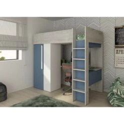 Letto A Soppalco Kyle Per Un Bambino Blu Fumo Bianco Opaco E Rovere Con Armadio E Scrivania Blu, Rovere E Bianco -Cameretta Per Bambini 80330155 2
