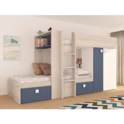 Letto A Castello Alvin Per Due Bambini Blu Fumo Rovere E Bianco Opaco Con Armadio Blu, Rovere E Bianco