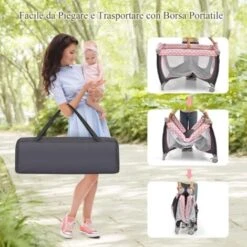 COSTWAY 3-IN-1 Lettino Da Viaggio Per Bambini 25 Kg, Box Bambini Con Fasciatoio, Culla Da Campeggio Con Materasso 120x60cm, Giocattoli+Ruote+Borsa, 0-3 Anni, 125x65x76 Cm (Rosa) -Cameretta Per Bambini 80691765 4