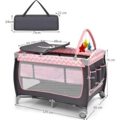 COSTWAY 3-IN-1 Lettino Da Viaggio Per Bambini 25 Kg, Box Bambini Con Fasciatoio, Culla Da Campeggio Con Materasso 120x60cm, Giocattoli+Ruote+Borsa, 0-3 Anni, 125x65x76 Cm (Rosa) -Cameretta Per Bambini 80691765 5