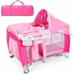 COSTWAY Lettino Da Viaggio Culla Per Bimbo Pieghevole, Per Bambini Fino A 15 Kg, 0-36 Mesi, Modalità Dondolo, Con Zanzariera, 2 Ruotes, 124 X 65 X 121CM (Rosa)