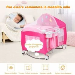 COSTWAY Lettino Da Viaggio Culla Per Bimbo Pieghevole, Per Bambini Fino A 15 Kg, 0-36 Mesi, Modalità Dondolo, Con Zanzariera, 2 Ruotes, 124 X 65 X 121CM (Rosa) -Cameretta Per Bambini 80856451 3