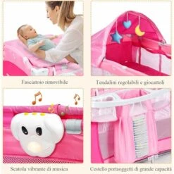 COSTWAY Lettino Da Viaggio Culla Per Bimbo Pieghevole, Per Bambini Fino A 15 Kg, 0-36 Mesi, Modalità Dondolo, Con Zanzariera, 2 Ruotes, 124 X 65 X 121CM (Rosa) -Cameretta Per Bambini 80856451 4