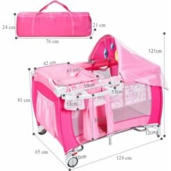 COSTWAY Lettino Da Viaggio Culla Per Bimbo Pieghevole, Per Bambini Fino A 15 Kg, 0-36 Mesi, Modalità Dondolo, Con Zanzariera, 2 Ruotes, 124 X 65 X 121CM (Rosa) -Cameretta Per Bambini 80856451 5