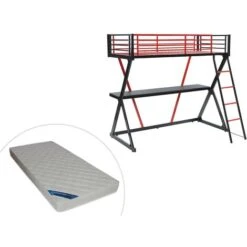 Letto A Soppalco Con Scrivania 90 X 190 Cm Metallo Nero E Rosso + Materasso - SUPIA
