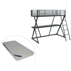 Letto A Soppalco Con Scrivania 90 X 190 Cm Metallo Nero + Materasso - SUPIA