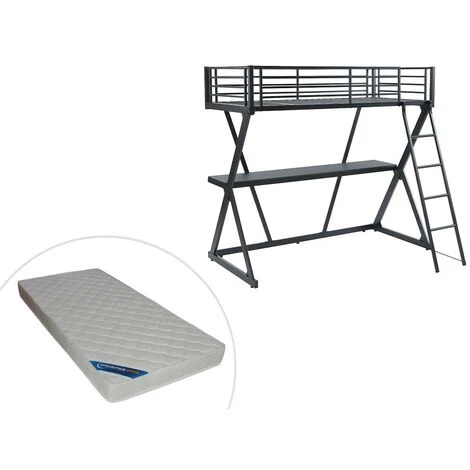Letto A Soppalco Con Scrivania 90 X 190 Cm Metallo Nero + Materasso - SUPIA 3 Letto A Soppalco Con Scrivania 90 X 190 Cm Metallo Nero + Materasso - SUPIA