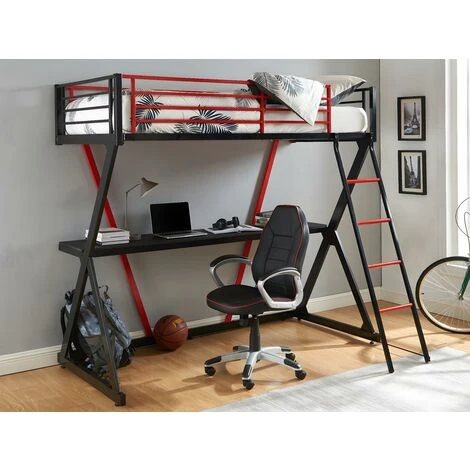 Letto A Soppalco Con Scrivania 90 X 190 Cm Metallo Nero E Rosso - SUPIA 4 Letto A Soppalco Con Scrivania 90 X 190 Cm Metallo Nero E Rosso - SUPIA - immagine 2