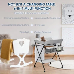 Randaco Fasciatoio Pieghevole Portatile, Bagnetto Cambio Pannolini Per Bambini Neonati, Con Ruote E Cesto Portaoggetti, Grigio -Cameretta Per Bambini 81307626 3