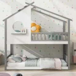 Letto Per Bambini 90x200cm Letto A Castello Con Scala E Telaio In Pino, Grigio+Bianco