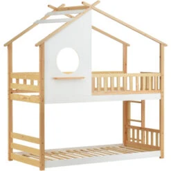 Letto Per Bambini 90x200cm Letto A Castello Con Scala E Telaio In Pino, Naturale+Bianco 10 Letto Per Bambini 90x200cm Letto A Castello Con Scala E Telaio In Pino, Naturale+Bianco -Cameretta Per Bambini 81608870 4
