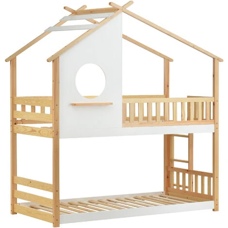 Letto Per Bambini 90x200cm Letto A Castello Con Scala E Telaio In Pino, Naturale+Bianco 6 Letto Per Bambini 90x200cm Letto A Castello Con Scala E Telaio In Pino, Naturale+Bianco - immagine 4