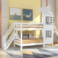 Letto Per Bambini 90 X 200 Cm Letto A Castello Con Corrimano E Finestre, Bianco