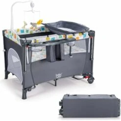 DREAMADE 5 In 1 Lettino Neonato, Culla Da Campeggio Con Fasciatoio E Giocattolo Appeso, Altezza Regolabile In 4 Livelli, Vassoio Portaoggetti, Adatto A Bambini Da 0 A 36 Mesi (Grigio)