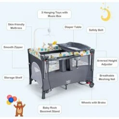DREAMADE 5 In 1 Lettino Neonato, Culla Da Campeggio Con Fasciatoio E Giocattolo Appeso, Altezza Regolabile In 4 Livelli, Vassoio Portaoggetti, Adatto A Bambini Da 0 A 36 Mesi (Grigio) -Cameretta Per Bambini 81846701 4