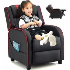 Cameretta Per Bambini 27 DREAMADE Sedia Reclinabile Per Bambini, Sedia Divano Reclinabile Imbottita, Divano Per Bambini In Pelle PU Con Schienale E Poggiapiedi Regolabil 2 Tasche Laterali, Altezza Seduta 35 Cm (Red)