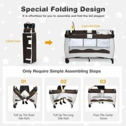 DREAMADE 3 In 1 Lettino Da Campeggio Per Bambini, Letto Pieghevole Con Fasciatoio E Giocattolo Appeso, Meterasso Imbottito, Culla Co-Sleeping Per Bambini 0-36 Mesi, 125 X 66 X 77 Cm (Brown) -Cameretta Per Bambini 81846741 3