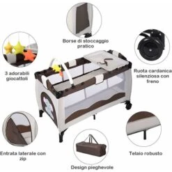 DREAMADE 3 In 1 Lettino Da Campeggio Per Bambini, Letto Pieghevole Con Fasciatoio E Giocattolo Appeso, Meterasso Imbottito, Culla Co-Sleeping Per Bambini 0-36 Mesi, 125 X 66 X 77 Cm (Brown) -Cameretta Per Bambini 81846741 4