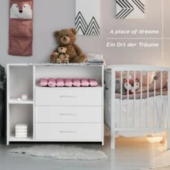 Mobile Fasciatoio – 113 X 53 X 101,6 Cm, 3 Cassetti, 3 Scomparti Aperti, Ripiano Superiore Per Materassino, In MDF, Bianco - Fas -Cameretta Per Bambini 82180395 2