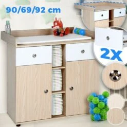 Mobile Fasciatoio - 90 X 69 X 92 Cm, 2 Cassetti, 3 Ripiani Aperti E 2 Scomparti Con Ante, In MDF Robusto, Faggio - Fasciatoio Ca -Cameretta Per Bambini 82403496 2