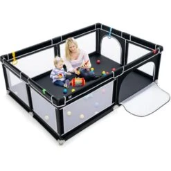 COSTWAY Box Per Bambini, Recinto Per Neonati, Box Per Interno Ed Esterno Con Palline, Con Cancelli Di Sicurezza, Con Ventose Antiscivolo, Pareti A Rete Traspirante E 4 Anelli Per Bambini (Nero)
