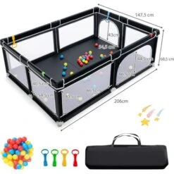 COSTWAY Box Per Bambini, Recinto Per Neonati, Box Per Interno Ed Esterno Con Palline, Con Cancelli Di Sicurezza, Con Ventose Antiscivolo, Pareti A Rete Traspirante E 4 Anelli Per Bambini (Nero) -Cameretta Per Bambini 83676818 5