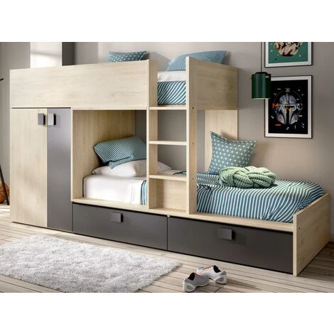 Letto A Castello 2 X 90 X 190 Cm Armadio Integrato Antracite E Naturale - JUANITO 4 Letto A Castello 2 X 90 X 190 Cm Armadio Integrato Antracite E Naturale - JUANITO - immagine 2