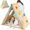 DREAMADE 2 In 1 Casetta Per Bambini A Triangolo In Legno, Per Nascondiglio Con Pareti Per Arrampicarsi, Tenda Della Porta Rimovibile, Per 2 Bambini, Adatto Per 3-8 Anni, Color Legno -Cameretta Per Bambini 86536489 1