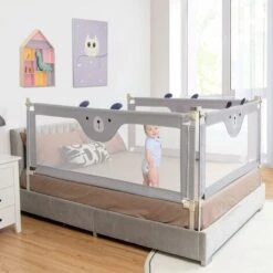DREAMADE Sponda Letto Per Bambini, Barriera Protettiva Con Doppio Blocco Di Sicurezza Per Bambini, Altezza Regolabile A 24 Livelli, Lunghezza 145/174 Cm (174CM, Orso)