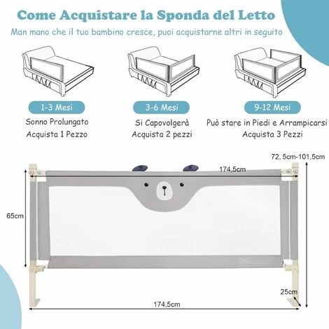 DREAMADE Sponda Letto Per Bambini, Barriera Protettiva Con Doppio Blocco Di Sicurezza Per Bambini, Altezza Regolabile A 24 Livelli, Lunghezza 145/174 Cm (174CM, Orso) 7 DREAMADE Sponda Letto Per Bambini, Barriera Protettiva Con Doppio Blocco Di Sicurezza Per Bambini, Altezza Regolabile A 24 Livelli, Lunghezza 145/174 Cm (174CM, Orso) - immagine 5