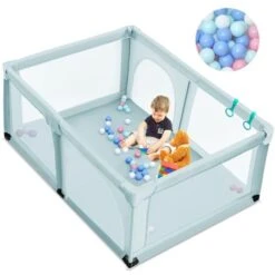 COSTWAY Box Per Bambini, Centro Attività Portatile E Sicuro Per Bambini, Box Colorato Con Cancello, Recinto Extra Per Interno Ed Esterno Con Rete Traspirante Durevole (Blu)