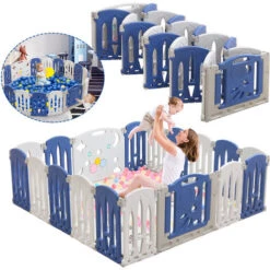 Box Per Neonati Centro AttivitĂ  Pieghevole In Plastica Con Porta E Tavola Giocattolo, Parco Giochi Di Sicurezza Per Bambini, Bianco E Blu (18 Pezzi) HENGMEI -Cameretta Per Bambini 88136251 3