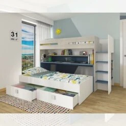 Letto A Castello Bianco Celeste Con Scrivania Estraibile 6070 -Cameretta Per Bambini 88771040 2