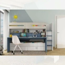 Letto A Castello Bianco Celeste Con Scrivania Estraibile 6070 -Cameretta Per Bambini 88771040 3