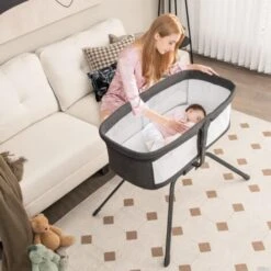 COSTWAY Culla Manuale A Dondolo Per Bambini, Culla Portatile Pieghevole Con Materasso E Borsa Per Il Trasporto, Dormeuse Da Letto Per Neonato -Cameretta Per Bambini 88783144 4