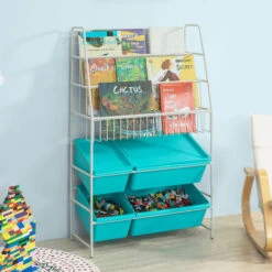 SoBuy Scaffale Bianco Portagiochi Libreria Bambini 4 Scatole In Blu Con Coperchio KMB07-B -Cameretta Per Bambini 8937372 3