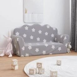 Cameretta Per Bambini 25 Divano Per Bambini 2 Posti - Divano Relax Sofa Grigio Chiaro Stelle Morbido Peluche BV788152 - BonneVie