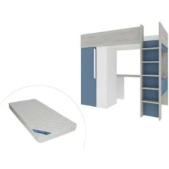 Letto A Soppalco 90 X 200 Cm Con Armadio E Scrivania Blu E Bianco + Materasso - NICOLAS