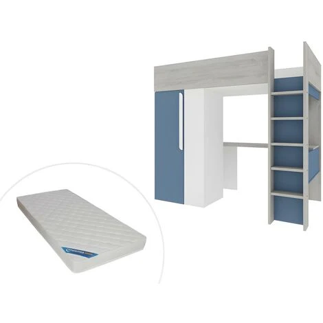 Letto A Soppalco 90 X 200 Cm Con Armadio E Scrivania Blu E Bianco + Materasso - NICOLAS 3 Letto A Soppalco 90 X 200 Cm Con Armadio E Scrivania Blu E Bianco + Materasso - NICOLAS