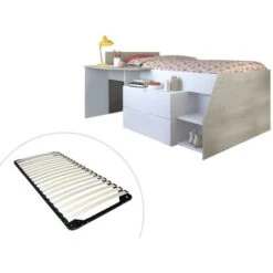 Letto Con Scrivania E Scomparti 90 X 200 Cm Bianco E Naturale + Rete - GISELE