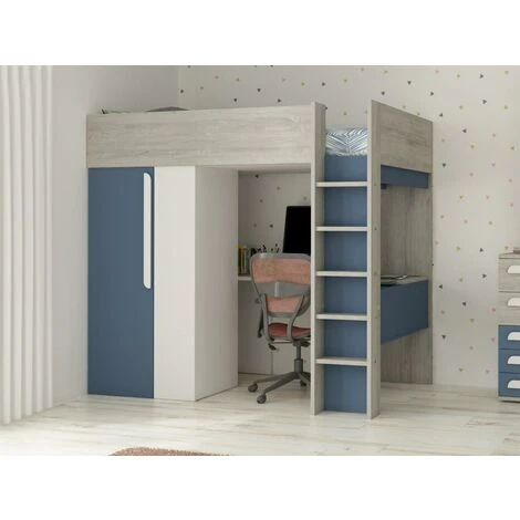 Letto A Soppalco 90 X 200 Cm Con Armadio E Scrivania Blu E Bianco - NICOLAS 4 Letto A Soppalco 90 X 200 Cm Con Armadio E Scrivania Blu E Bianco - NICOLAS - immagine 2