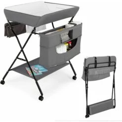 DREAMADE Fasciatoio Pieghevole Per Neonati, Fasciatoio Portatile Per Neonati Con Ampio Cesto Portaoggetti, Supporto Mobile Per Neonati Con 4 Altezze Regolabili E 4 Ruote Bloccabili (Grigio) -Cameretta Per Bambini 95180150 2