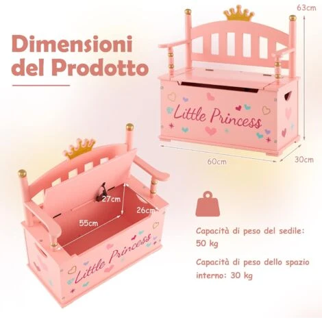 COSTWAY Cassapanca Per Bambini 2 In 1, Con Cerniera A Chiusura Rallentata, Contenitore Giochi Bambini Con Schienale E Braccioli, Per Conservare I Giocattori, 60x30x63 Cm 6 COSTWAY Cassapanca Per Bambini 2 In 1, Con Cerniera A Chiusura Rallentata, Contenitore Giochi Bambini Con Schienale E Braccioli, Per Conservare I Giocattori, 60x30x63 Cm - immagine 4