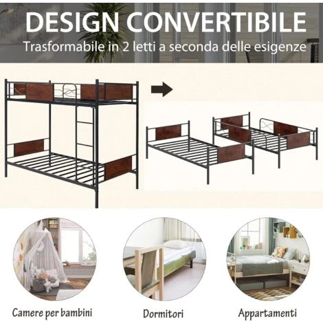 COSTWAY Letto A Castello In Metallo, Letto Con Scala Convertibile In 2 Singoli, Con Rete A Doghe Di Ferro, Struttura Del Letto 90x190 Cm Alto 156 Cm, Carico (totale) 300 Kg 4 COSTWAY Letto A Castello In Metallo, Letto Con Scala Convertibile In 2 Singoli, Con Rete A Doghe Di Ferro, Struttura Del Letto 90x190 Cm Alto 156 Cm, Carico (totale) 300 Kg - immagine 2