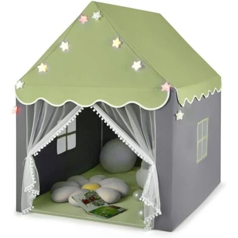 COSTWAY Tenda Da Gioco Per Bambini, Tenda Castello Con Tappetino Lavabile, Luci A Forma Di Stella, Per Interno Ed Esterno, 105 X 121 X 136 Cm (Verde) 3 COSTWAY Tenda Da Gioco Per Bambini, Tenda Castello Con Tappetino Lavabile, Luci A Forma Di Stella, Per Interno Ed Esterno, 105 X 121 X 136 Cm (Verde)